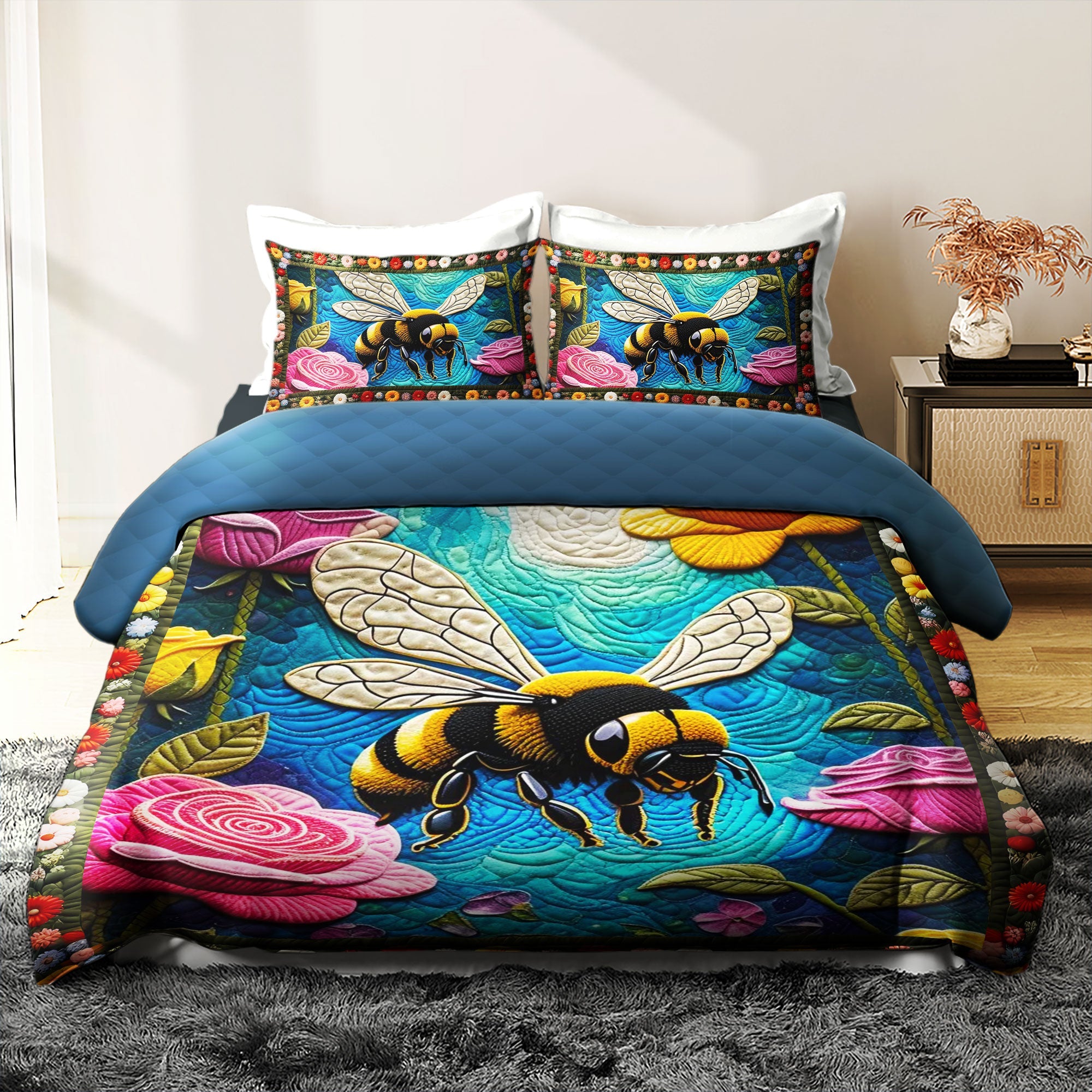 Personalized Bees Quilt Bed Set - Joyful Floral Design Blanket PopCulturePrints