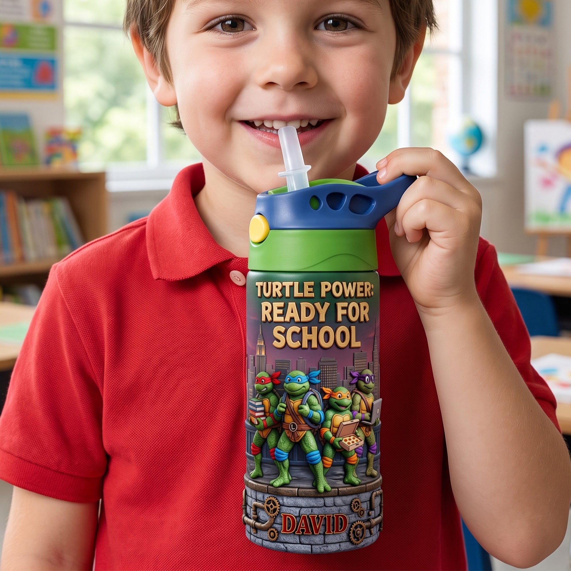 Turtle Power: Ready for School - Personalized 12oz Colorful Kid Tumbler Gift Tumbler Cup PopCulturePrints