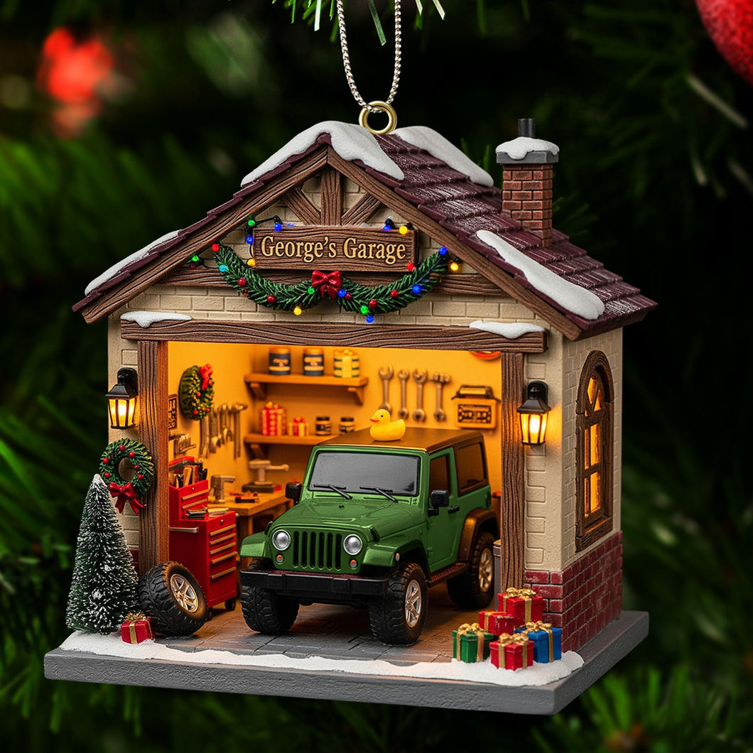 “The Perfect Garage for Every Off-Road Lover” - Off Road Car Garage Miniature Ornament - Personalized Gift for Anyone Who Loves Adventure Ornament PopCulturePrints