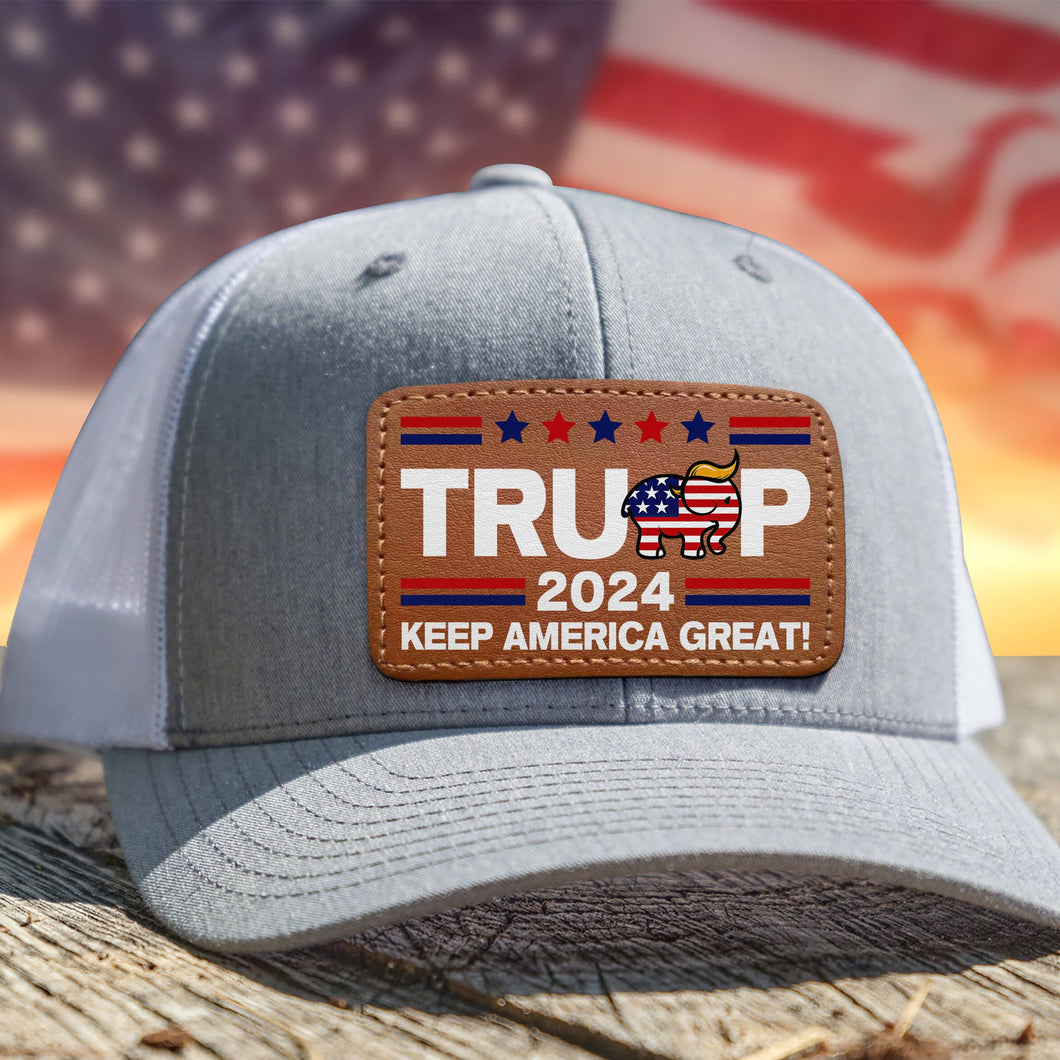 Patriotic Leather Patch Hat - Keep America Great 2024 Caps PopCulturePrints