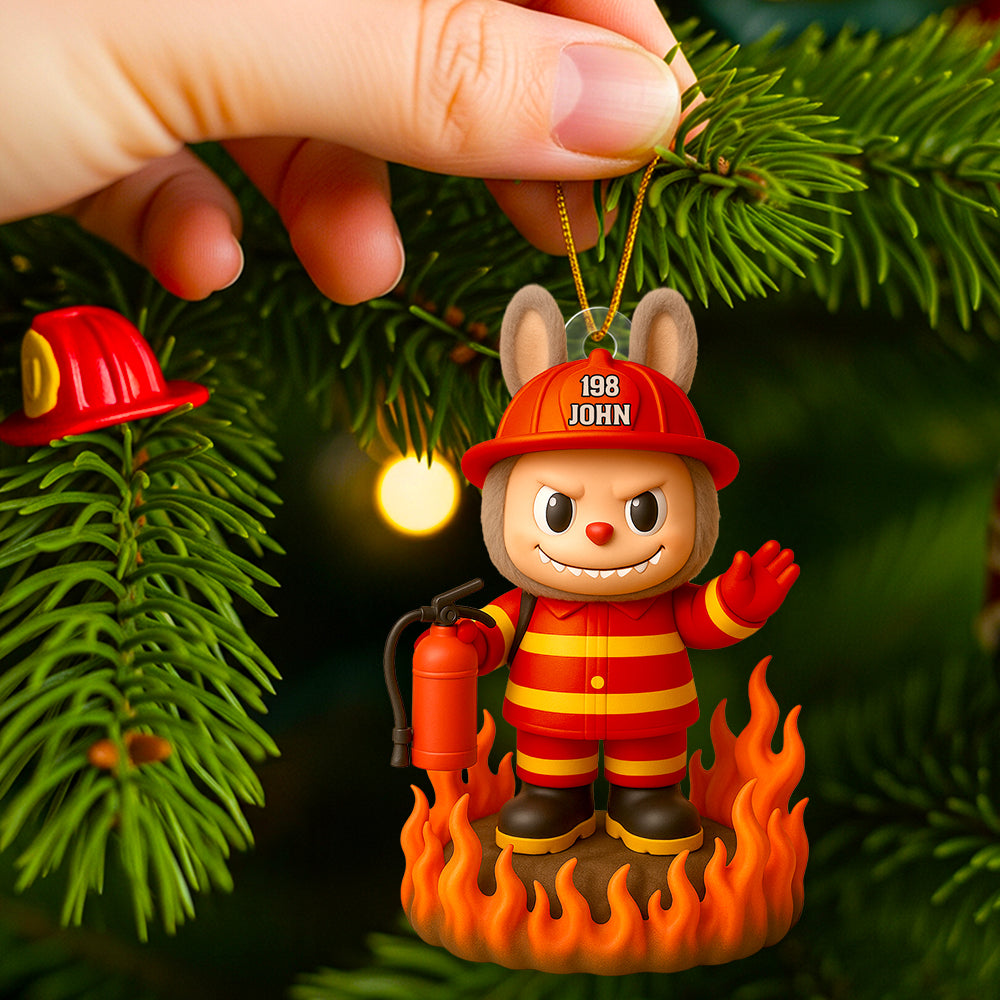 Brave Firefighter Bunny Ornament - Personalize Your Gift for Firefighters Ornament PopCulturePrints