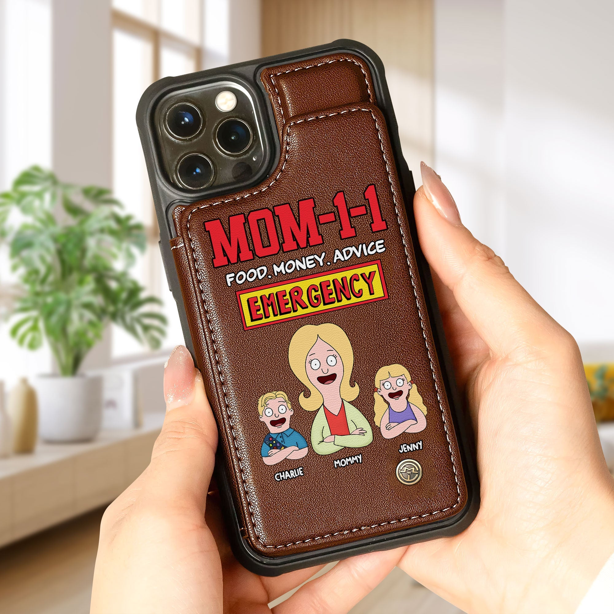 "EMERGENCY MOM-1-1: Food, Money, Advice" - Personalized Leather Flip Wallet Phone Case - Perfect Gift for Mom & Grandma Phone Case PopCulturePrints