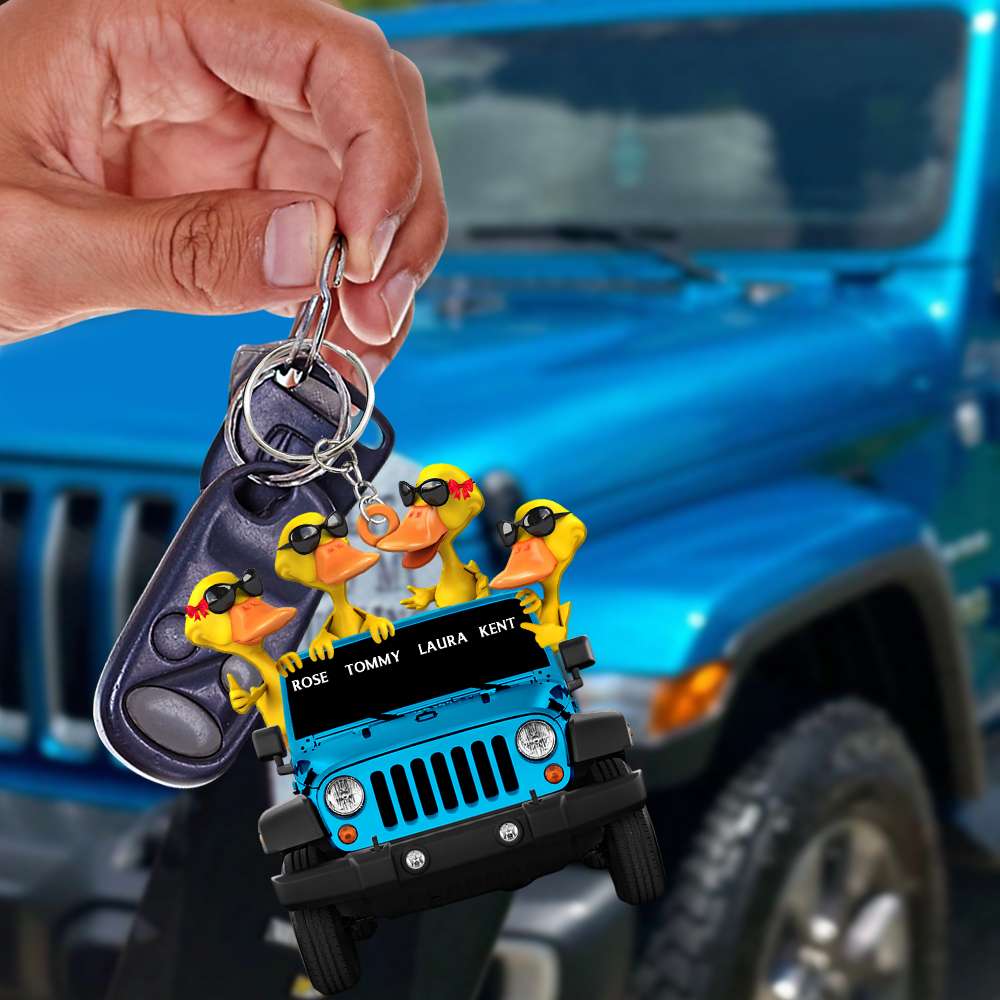 Personalized Yellow Duck Couple Keychain with Jeep