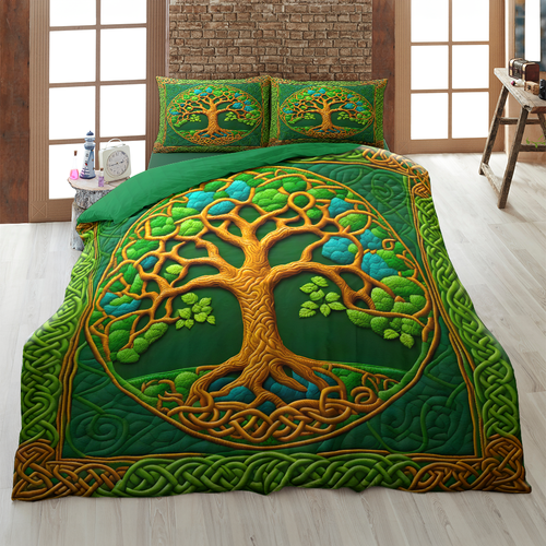 Celtic Tree of Life Quilt Bedding Set - Vibrant Green Blanket PopCulturePrints