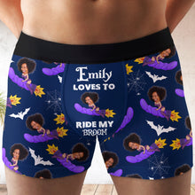 Load image into Gallery viewer, Personalized Halloween Men&#39;s Boxers - Loves To Ride My Broom
