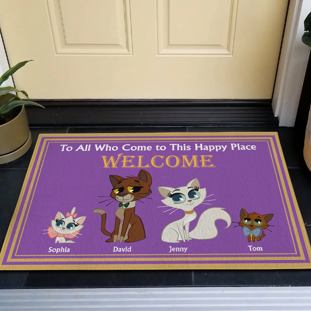 Personalized Family Cat Doormat - Welcome to Our Happy Place Doormat PopCulturePrints