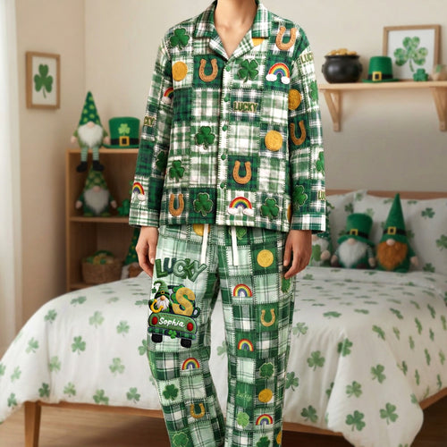 “Wear Your Luck this St. Patrick’s Day!” - St. Patrick’s Lucky Clover Button Up Pajamas - Personalized Gift for Friends and Family Pajama Set PopCulturePrints