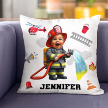 Load image into Gallery viewer, Personalized Kid Firefighter Pillow - Custom Photo Gift Pillow PopCulturePrints
