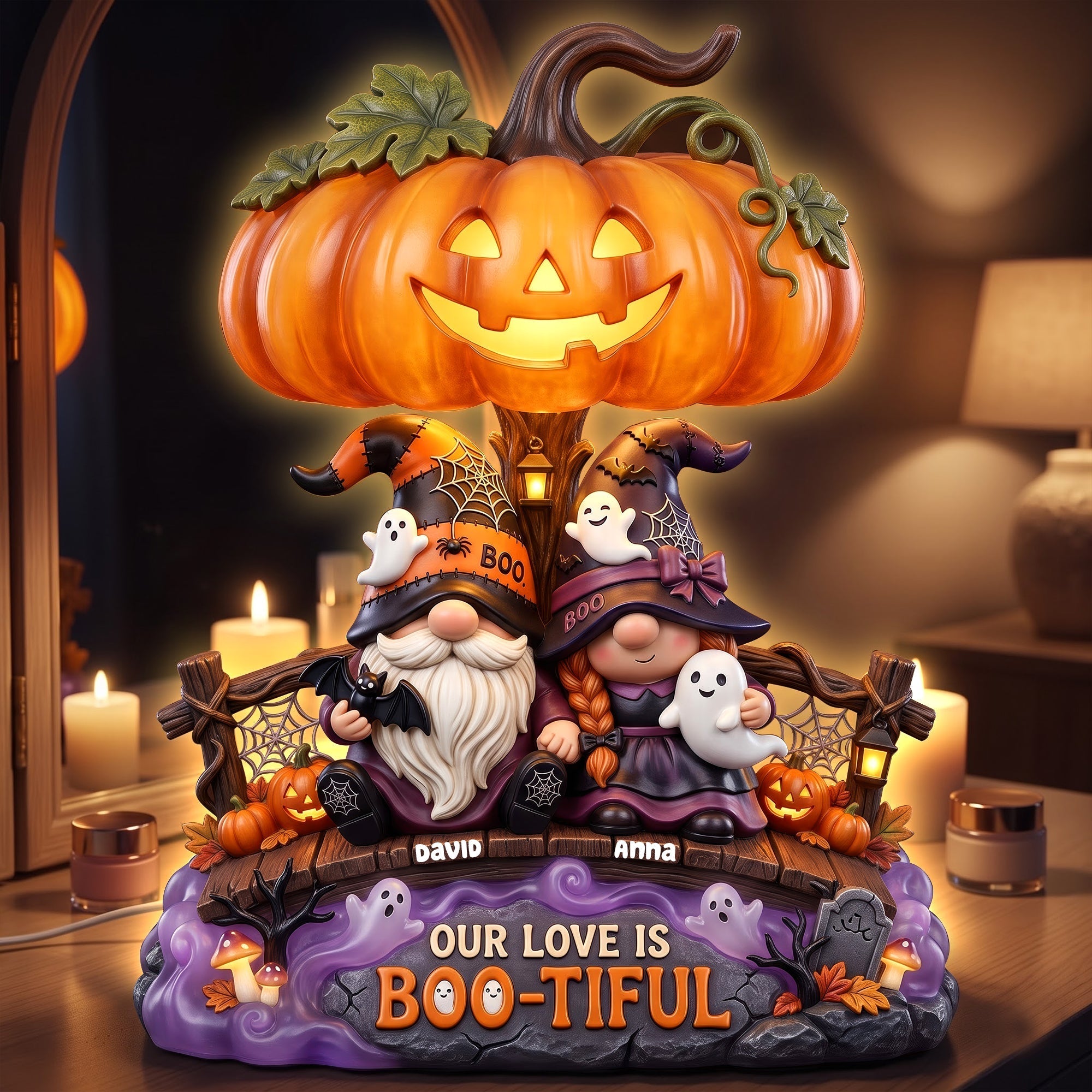 Our Love Is Boo-tiful Gnome Couple Acrylic Light Box - Personalized Gift for Halloween Lovers