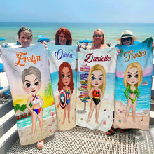 Load image into Gallery viewer, Personalized Summer Beach Girl Towel - Custom Cartoon Illustration Beach Towel PopCulturePrints
