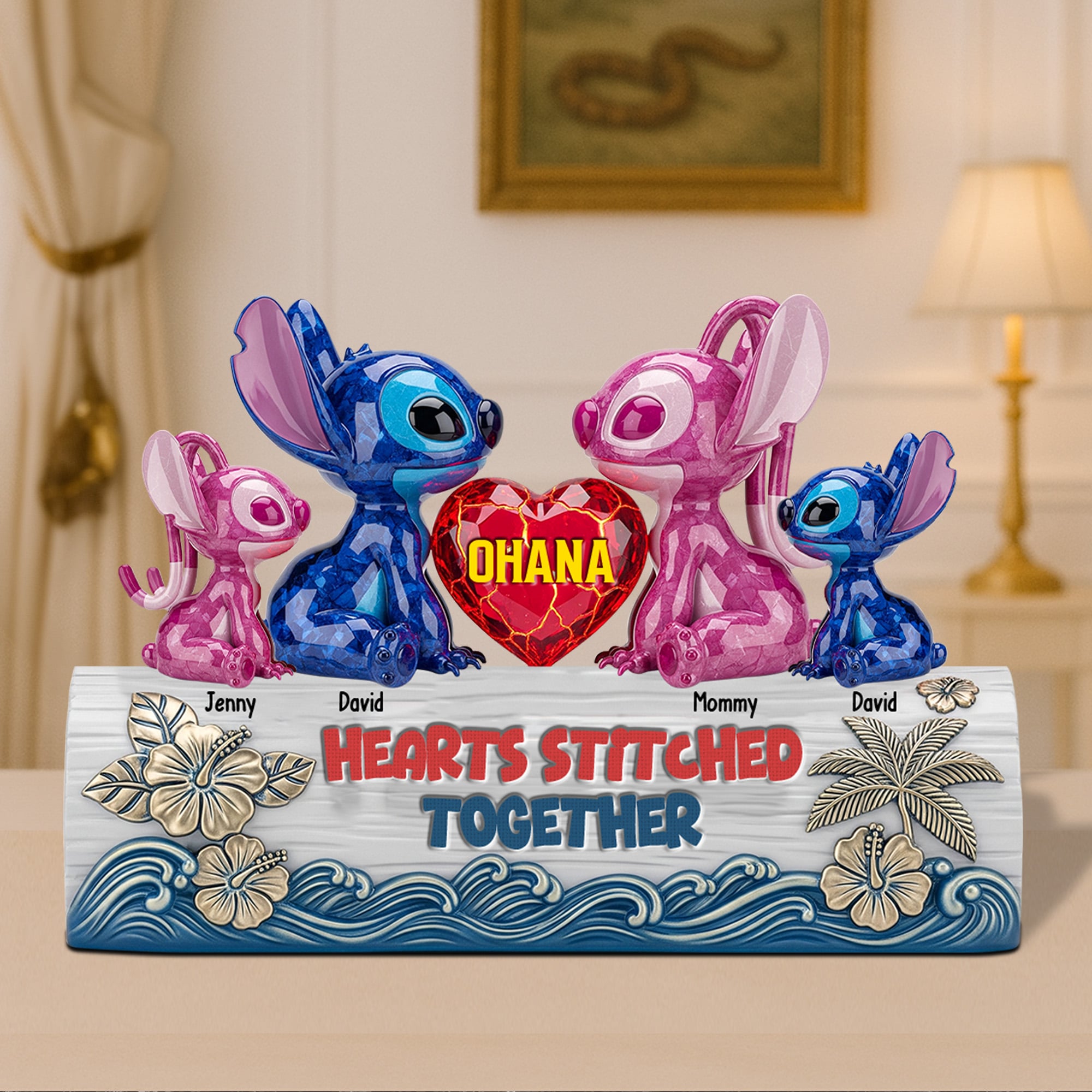 Hearts Stitched Together - Personalized Blue Monster Family Plaque Shaped Plaques PopCulturePrints
