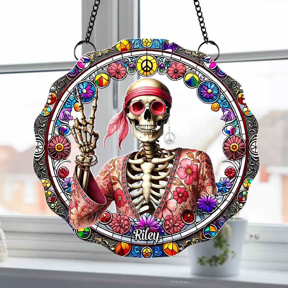 Peace Love Skull Personalized Hippie Suncatcher