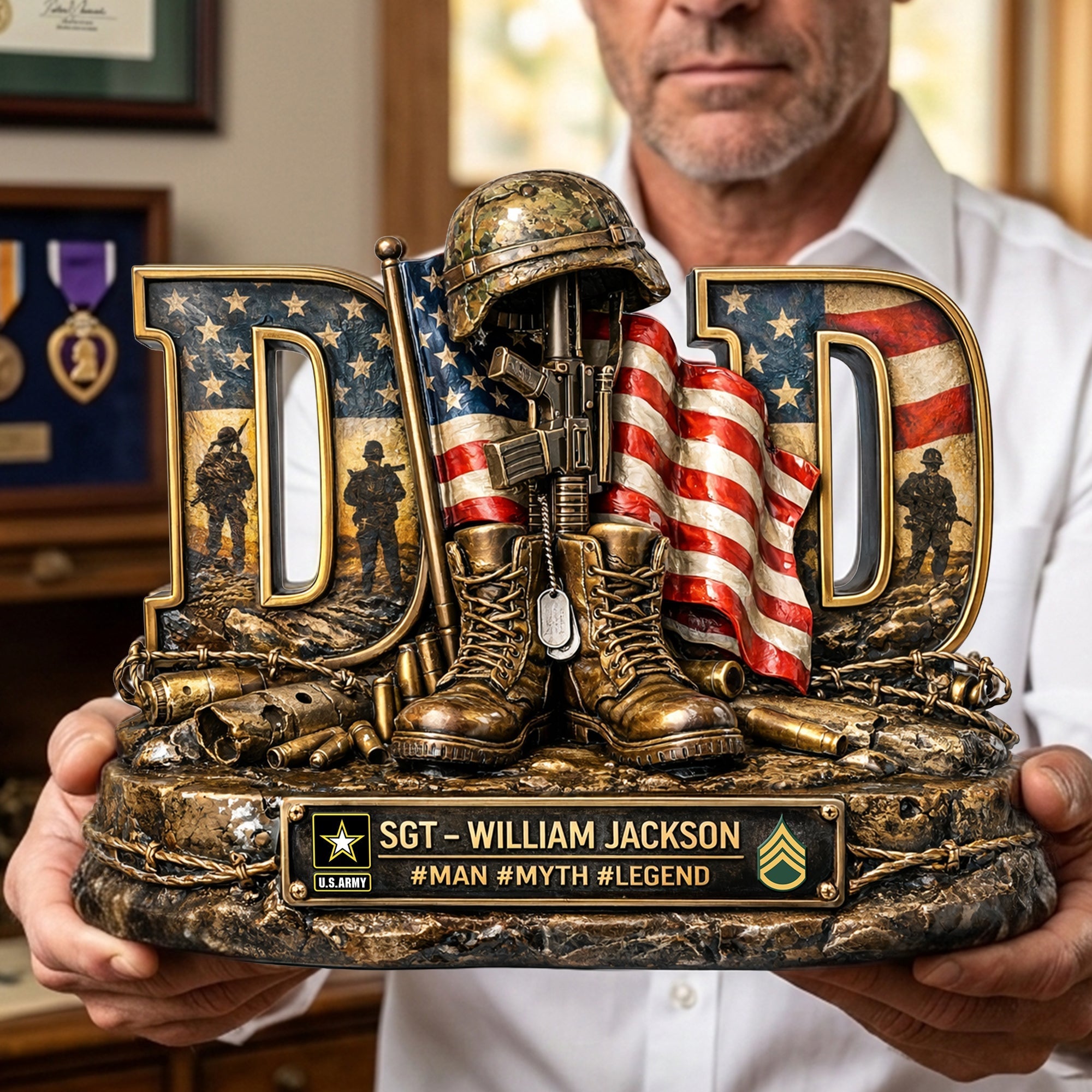 “For the Brave Dads - A Tribute to Our Heroes” - Proud Veteran Dad Acrylic Plaque - Personalized Gift for Dad or Grandpa Shaped Plaques PopCulturePrints