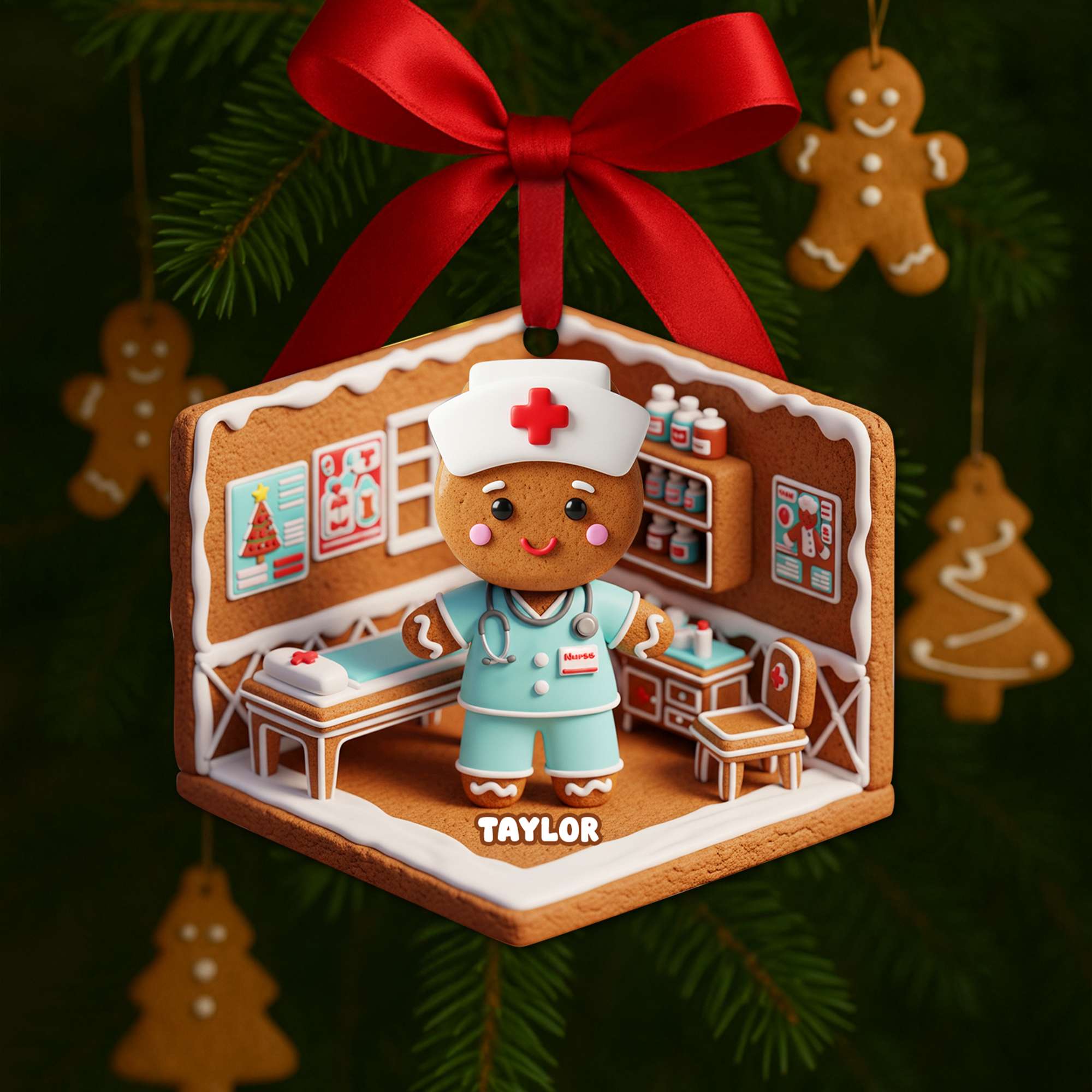 “Celebrate Care with a Touch of Sweetness” - Personalized Nurse Gingerbread Christmas Ornament - Unique Gift for Nurses, Healthcare Workers, and Holiday Celebrations Ornament PopCulturePrints