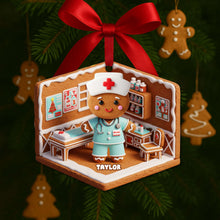Load image into Gallery viewer, “Celebrate Care with a Touch of Sweetness” - Personalized Nurse Gingerbread Christmas Ornament - Unique Gift for Nurses, Healthcare Workers, and Holiday Celebrations Ornament PopCulturePrints

