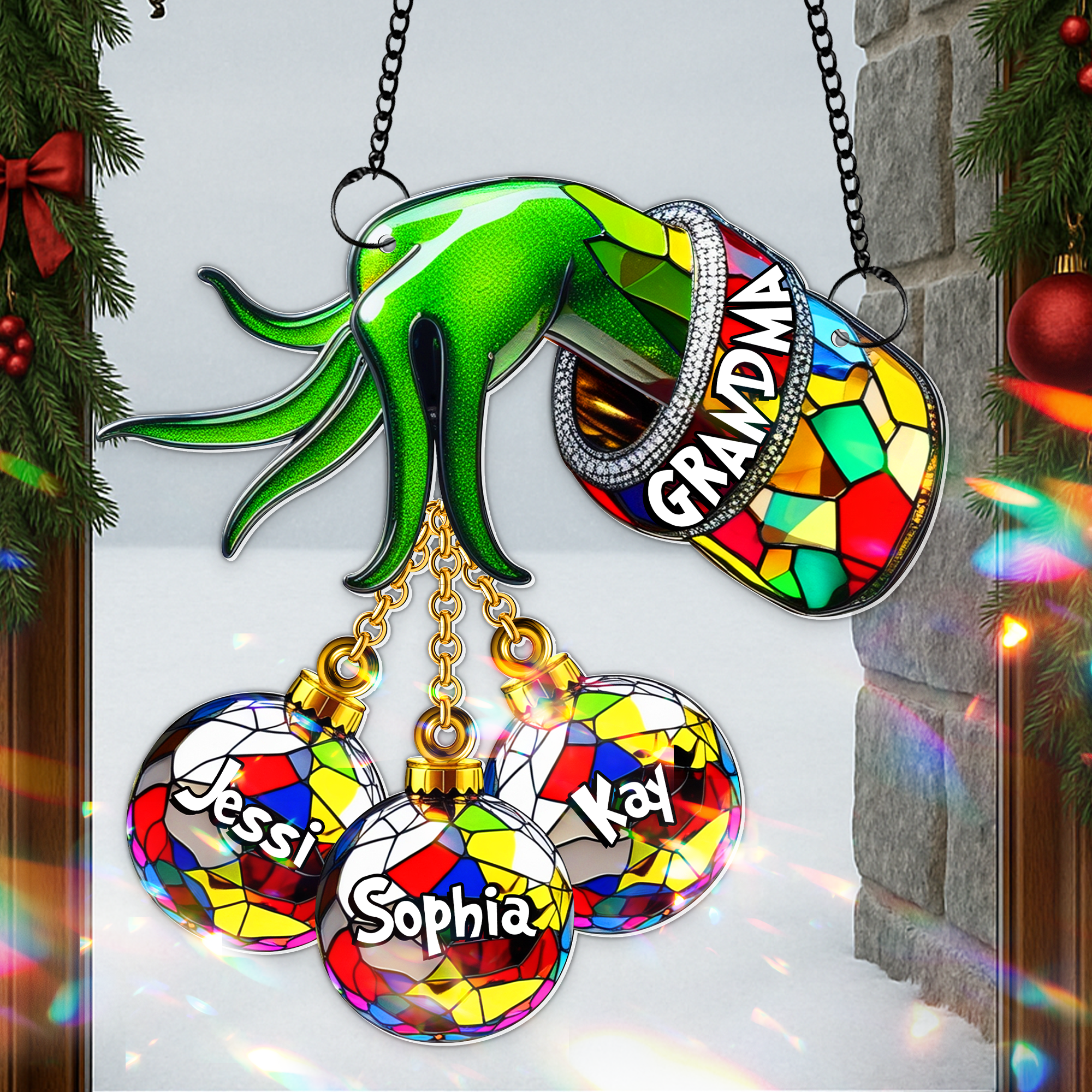 “Celebrate Love in Every Color!” - Green Christmas Bauble Suncatcher, Personalized Gift for Grandma Ornament PopCulturePrints