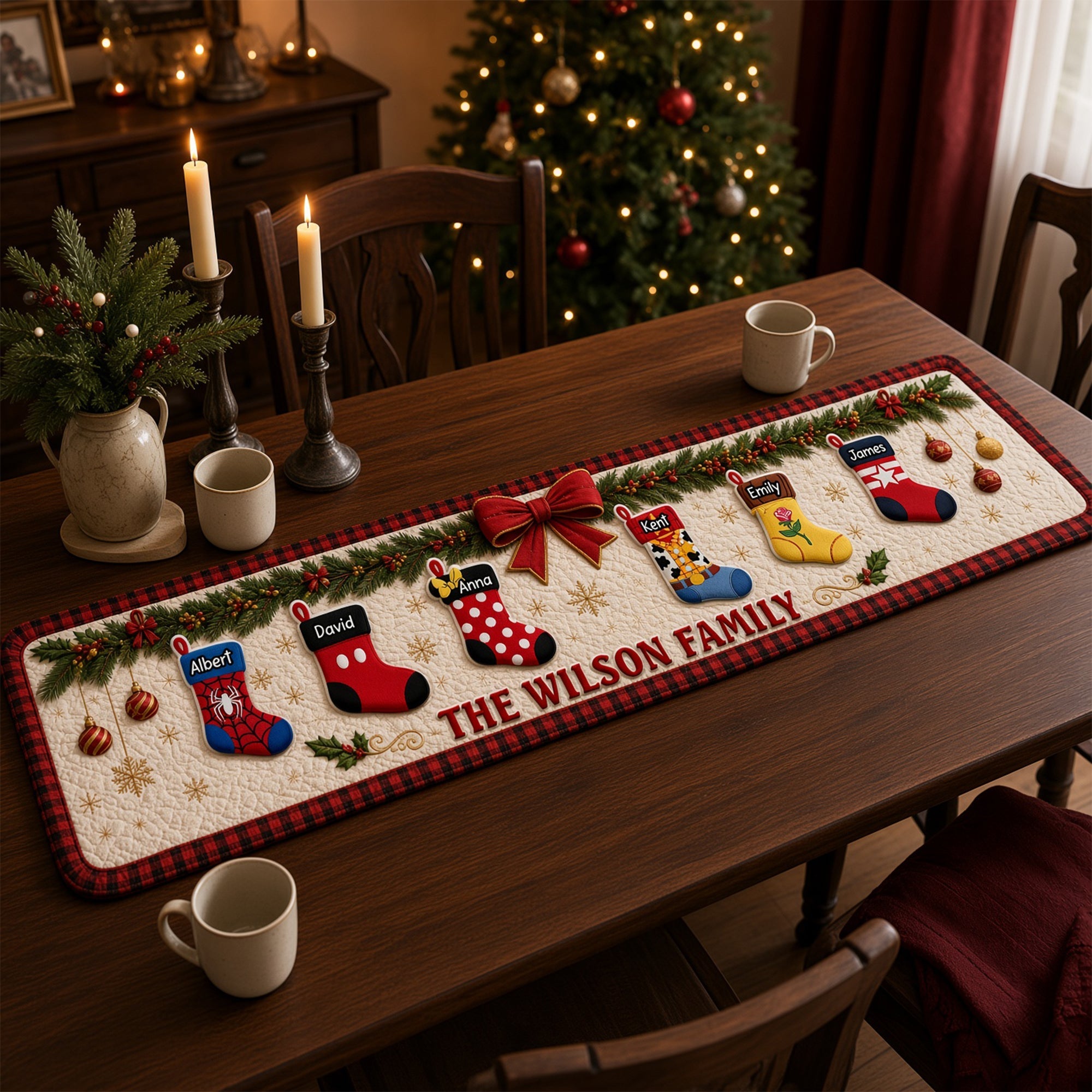 Season's Greetings: Personalized Holiday Stockings Quilted Table Runner - Custom Christmas Gift for Family & Friends Quilted Table Runner PopCulturePrints