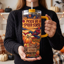 Load image into Gallery viewer, "Picked by Spider-Sense!" - Personalized Pumpkin Battle Hero Tumbler - Unique Gift for Halloween Lovers
