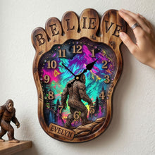 Load image into Gallery viewer, "Believe in the Legend" - Sasquatch Acrylic Hanging Wall Clock - Personalized Gift for Bigfoot Lovers Hanging Wall Clock PopCulturePrints
