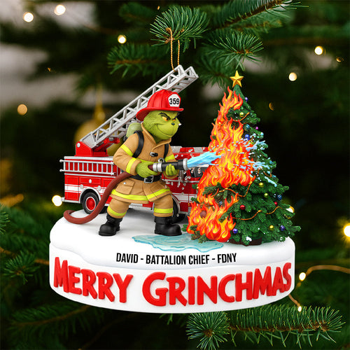 Merry Grinchmas: Personalized Firefighter Acrylic Ornament - A Unique Gift for Firefighters, Grinch Fans, and Christmas Lovers Ornament PopCulturePrints