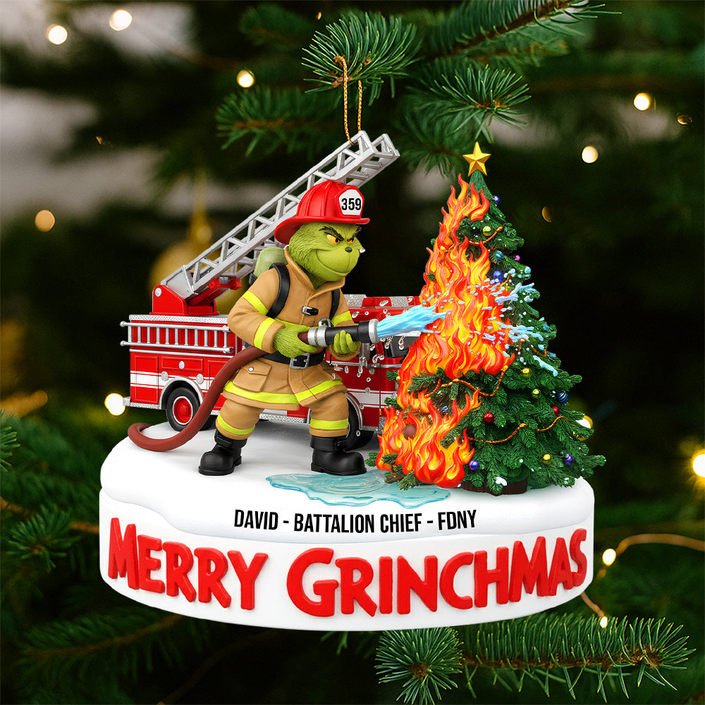 Merry Grinchmas: Personalized Firefighter Acrylic Ornament - A Unique Gift for Firefighters, Grinch Fans, and Christmas Lovers Ornament PopCulturePrints