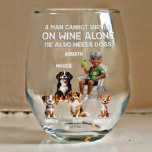 Load image into Gallery viewer, A Woman Cannot Survive On Wine Alone - Personalized Dog Mom Cartoon Stemless Wine Glass Wine Glass PopCulturePrints

