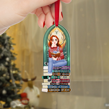 Load image into Gallery viewer, Personalized Ornament for Book Lovers - Girl Reading on Book Stack Ornament PopCulturePrints
