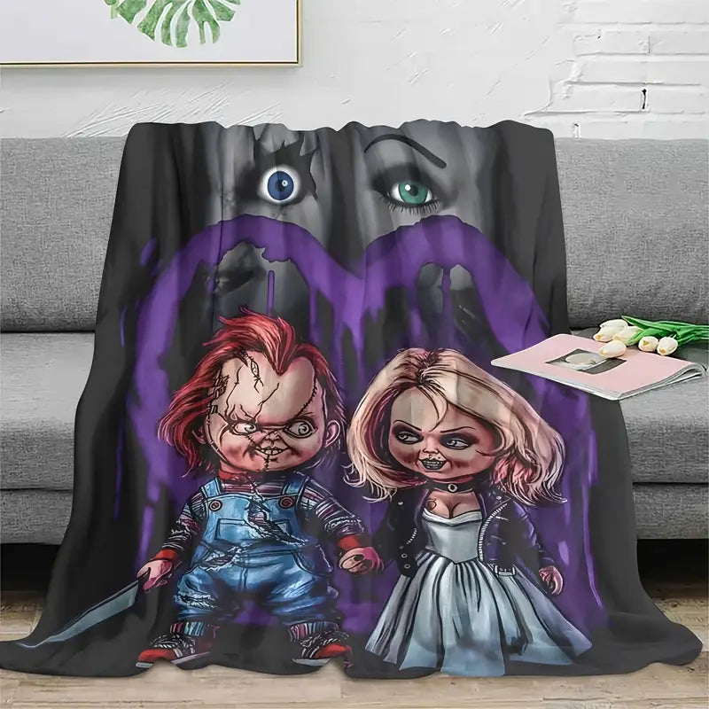 "Perfectly Creepy for the Spooky Lovers" - Creepy Doll Couple Horror Blanket - Personalized Gift for Halloween Enthusiasts, Couples, and Horror Fans Blanket PopCulturePrints