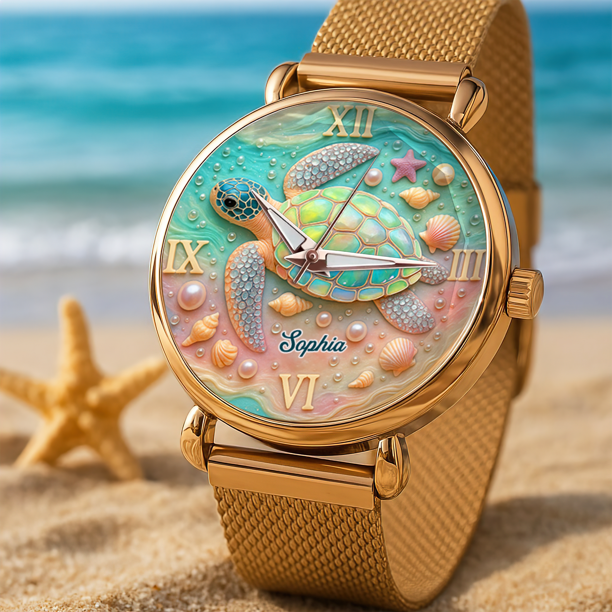 “Embrace the Ocean's Spirit” - Turtle Mesh Strap Quartz Watch, Personalized Gift for Ocean Lovers Quartz Watch PopCulturePrints