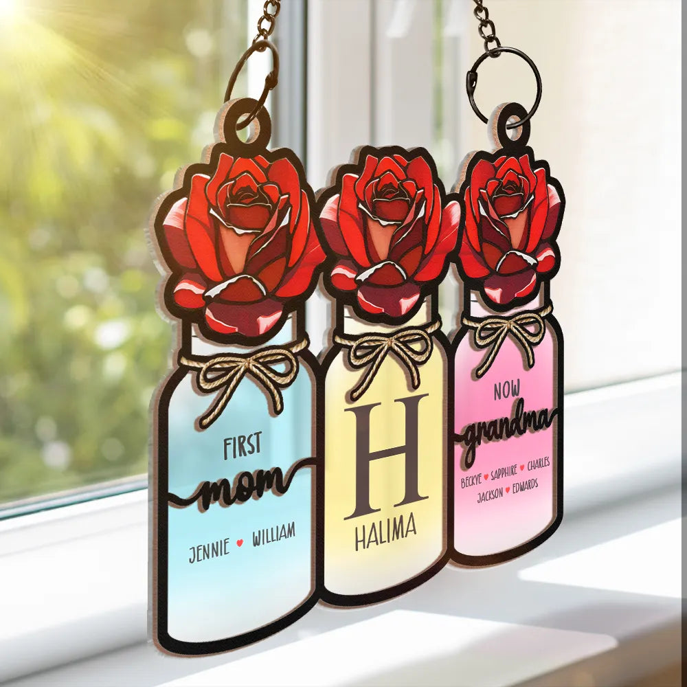 “Cherished Moments” – Personalized Monogram Flower Jar Ornament - Gift for Mom, Grandma, and Families Suncatcher Ornament PopCulturePrints