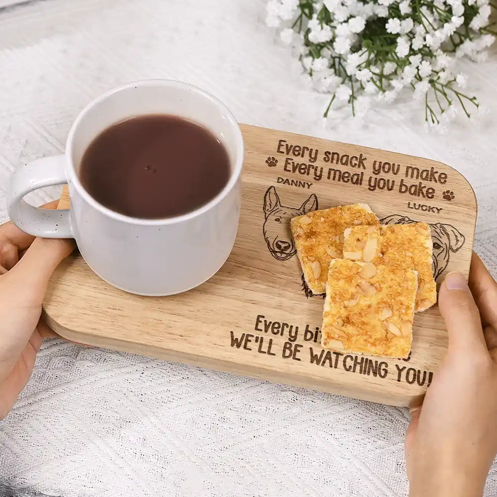 Every Bite You Take We'll Be Watching You - Personalized Serving Board with Cup Holder - Perfect Gift for Dog Lovers Serving Board With Cup Holder PopCulturePrints