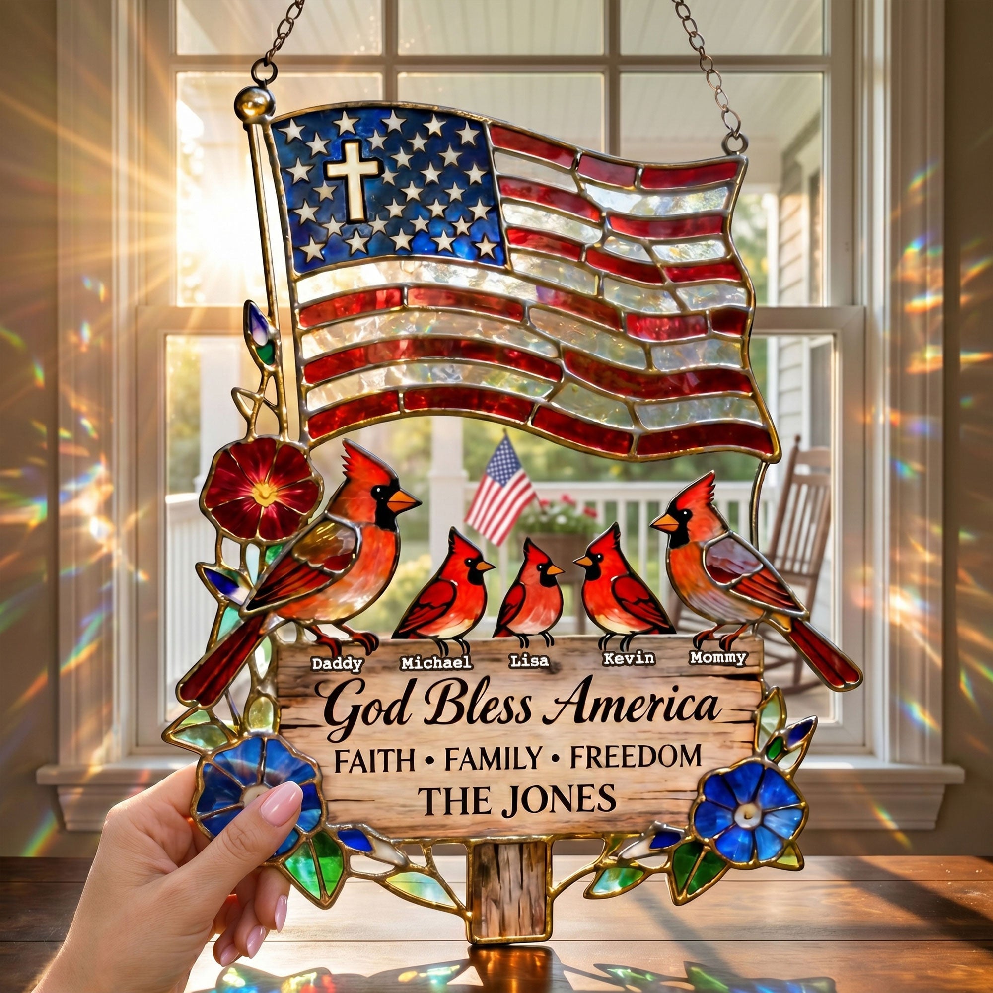 “God Bless America” - Personalized Peaceful Cardinal Family Suncatcher - Unique Gift for Family and Friends Ornament PopCulturePrints