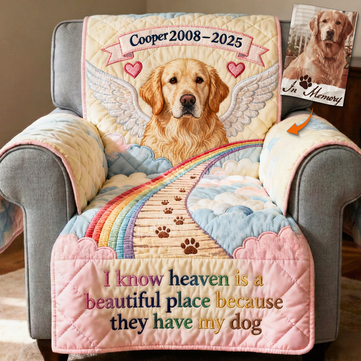 In Memory of Your Furry Friend - Personalized Quilted Armchair Cover Sofa Cover PopCulturePrints