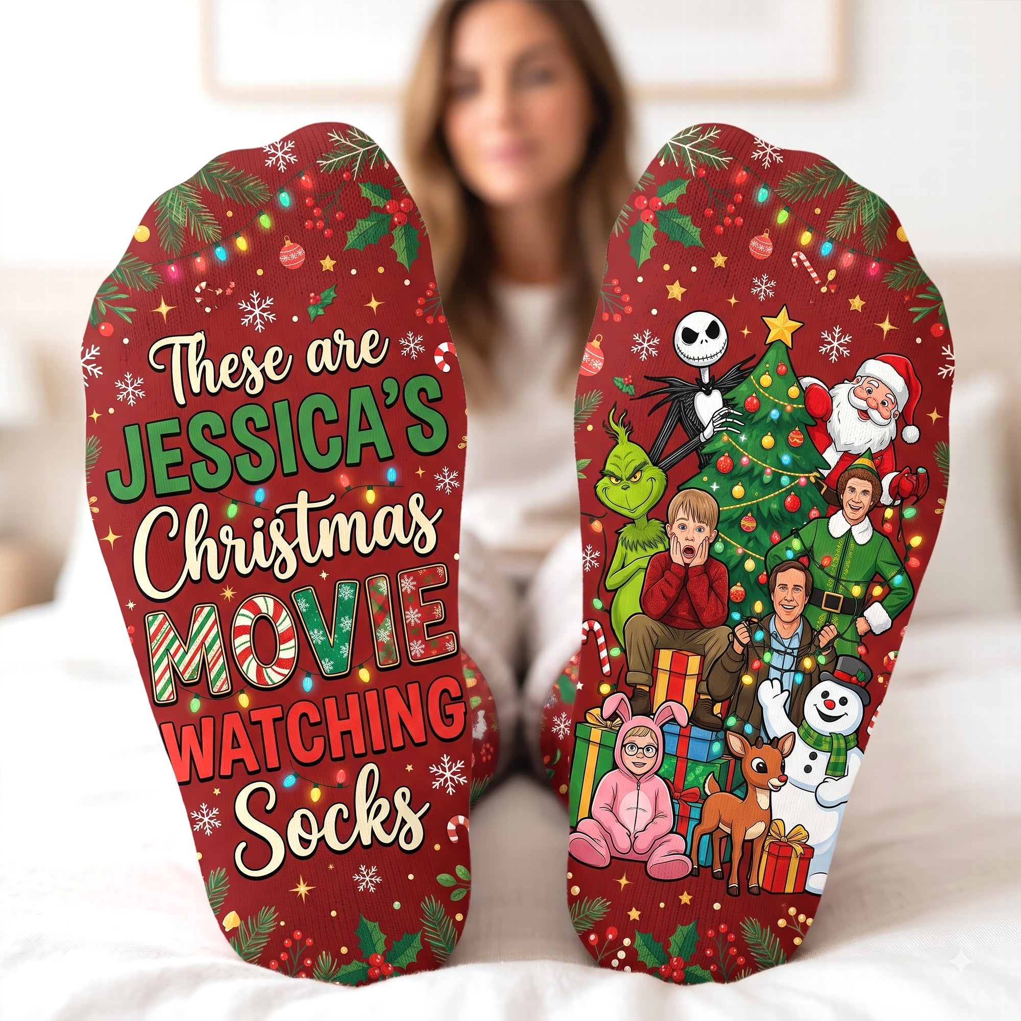 These are Jessica's Christmas Movie Watching Socks - Personalized Gift for Movie Enthusiasts