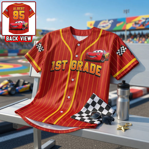 “Race into Fun!” - Personalized Race Car Baseball Jersey - Perfect Gift for Kids AOP Products PopCulturePrints