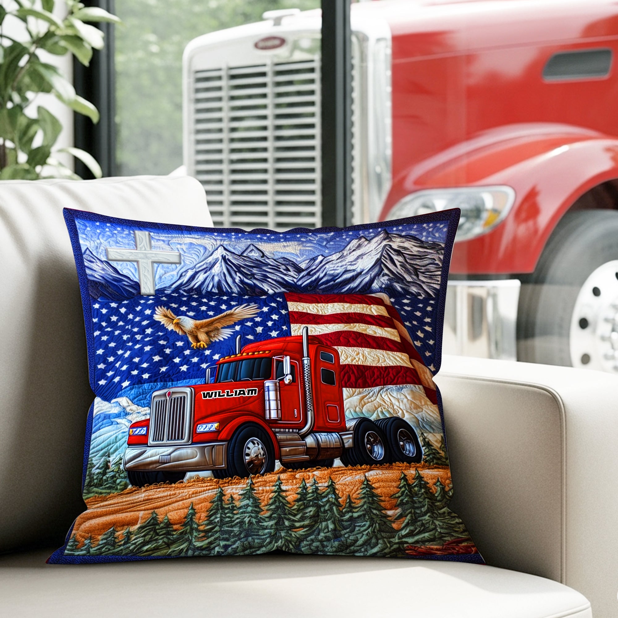 “Drive with Pride!” Personalized Trucker’s Pride Patriotic Square Pillow - Custom Gifts for Truck Lovers Pillow PopCulturePrints