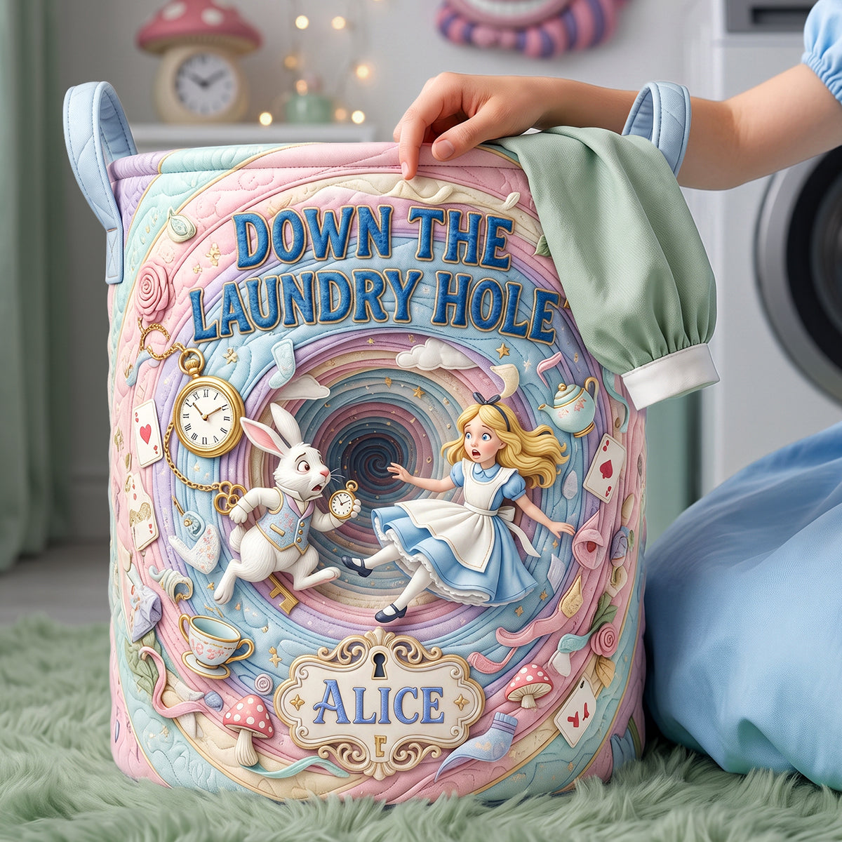 “Down the Laundry Hole” - Personalized Quilted Laundry Basket - Gift for Alice Fans, Children, and Dreamers
