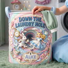 Load image into Gallery viewer, “Down the Laundry Hole” - Personalized Quilted Laundry Basket - Gift for Alice Fans, Children, and Dreamers
