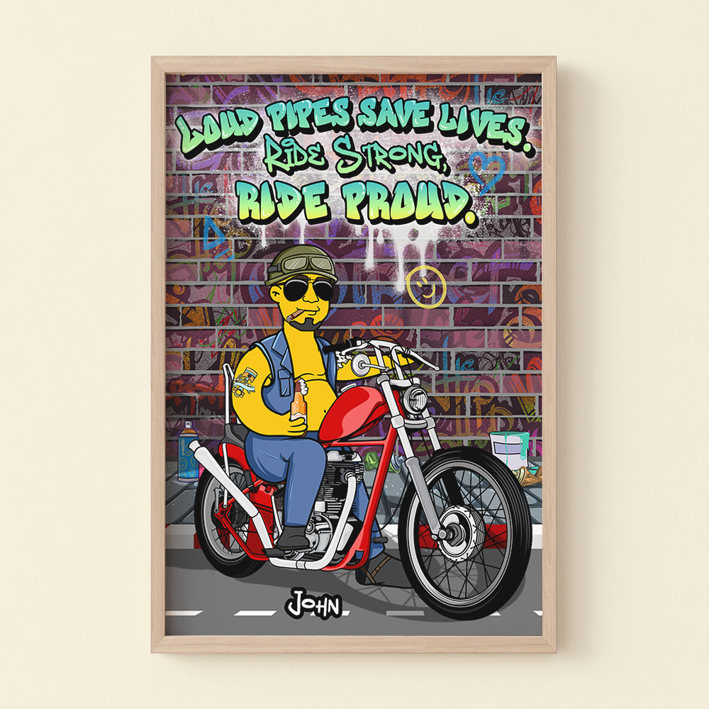 Personalized Cartoon Biker Canvas - Loud Pipes Save Lives Poster & Canvas PopCulturePrints