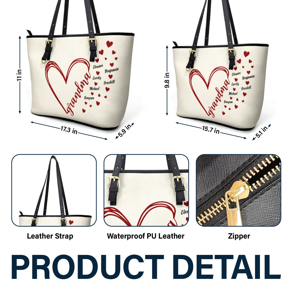 Grandma Little Hearts - Personalized Leather Tote Bag Leather Tote Bag PopCulturePrints