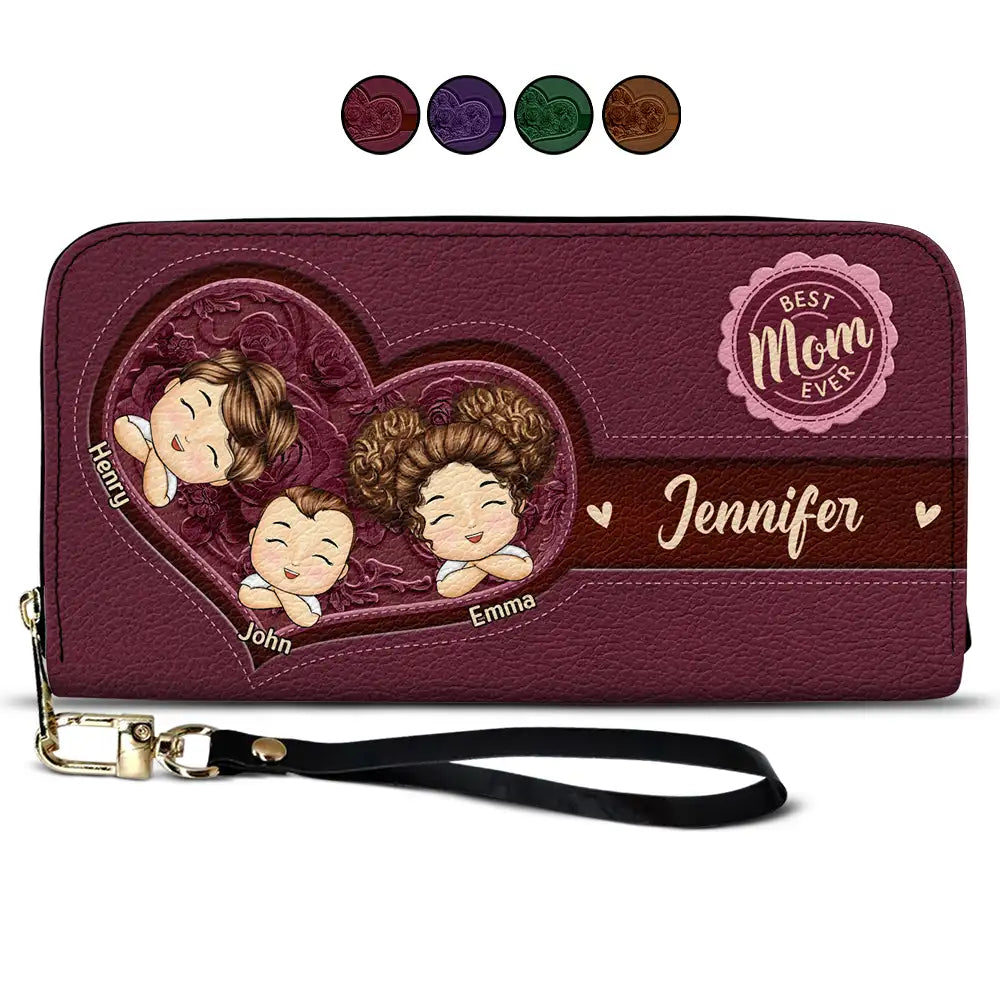 Best Mom Ever - Personalized Leather Long Wallet with Cute Chibi Kids Design Leather Long Wallet PopCulturePrints