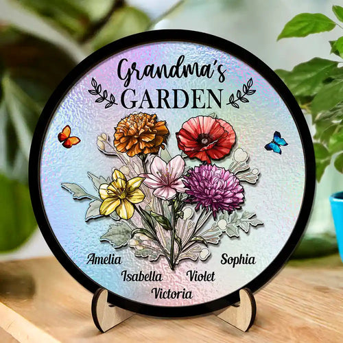 “Celebrate Her Garden of Love” - Personalized Holography Grandma's Garden Birth Flower Plaque - Gift for Mom, Grandma, and Special Women Wooden Plaque PopCulturePrints