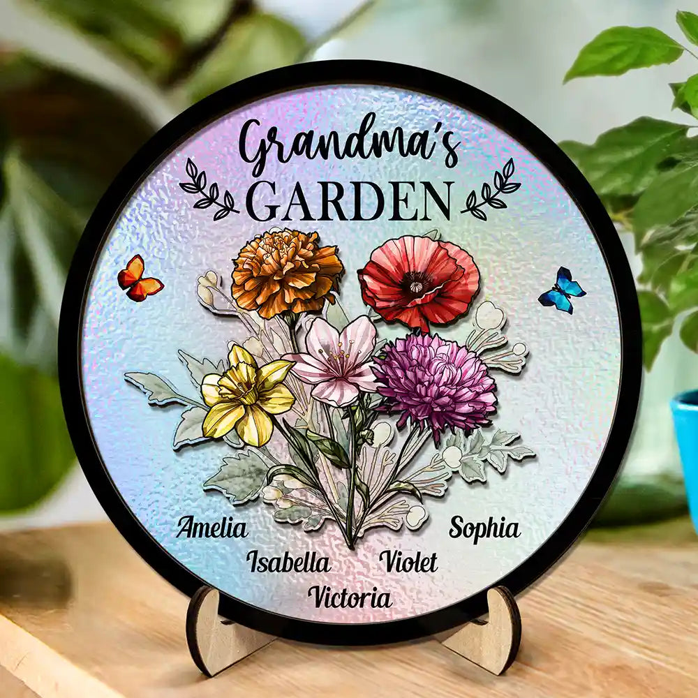 “Celebrate Her Garden of Love” - Personalized Holography Grandma's Garden Birth Flower Plaque - Gift for Mom, Grandma, and Special Women Wooden Plaque PopCulturePrints