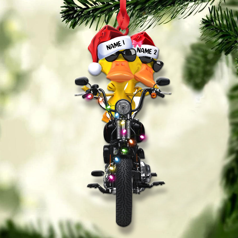 Personalized Duck Couple Christmas Ornament - Biker Theme