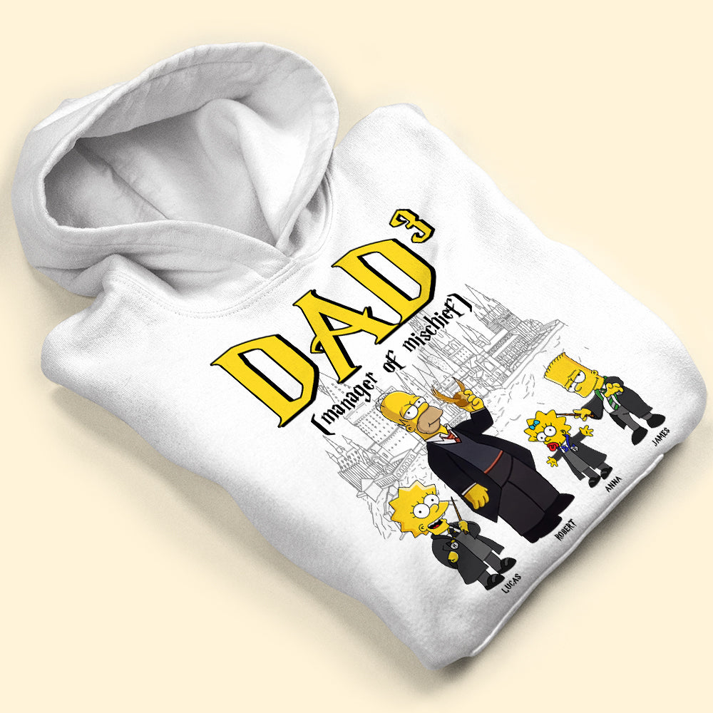 Personalized Dad T-Shirt: Manager of Mischief - Simpson Family Hogwarts Edition