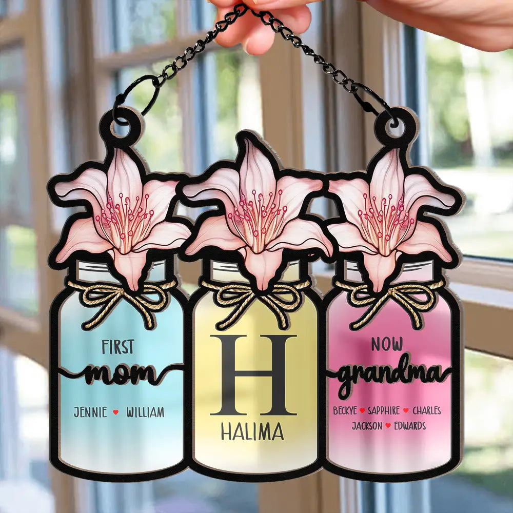 “Cherished Moments” – Personalized Monogram Flower Jar Ornament - Gift for Mom, Grandma, and Families Suncatcher Ornament PopCulturePrints