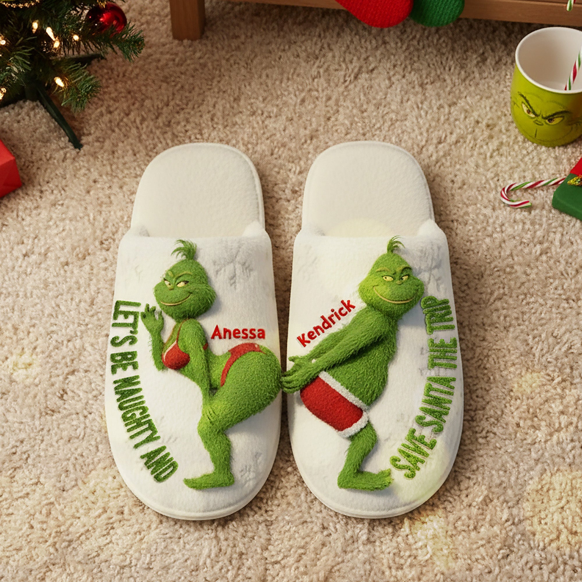 “Let's Be Naughty and Save Santa the Trip” - Personalized Christmas Gifts for Couples Home Slippers Shoes PopCulturePrints