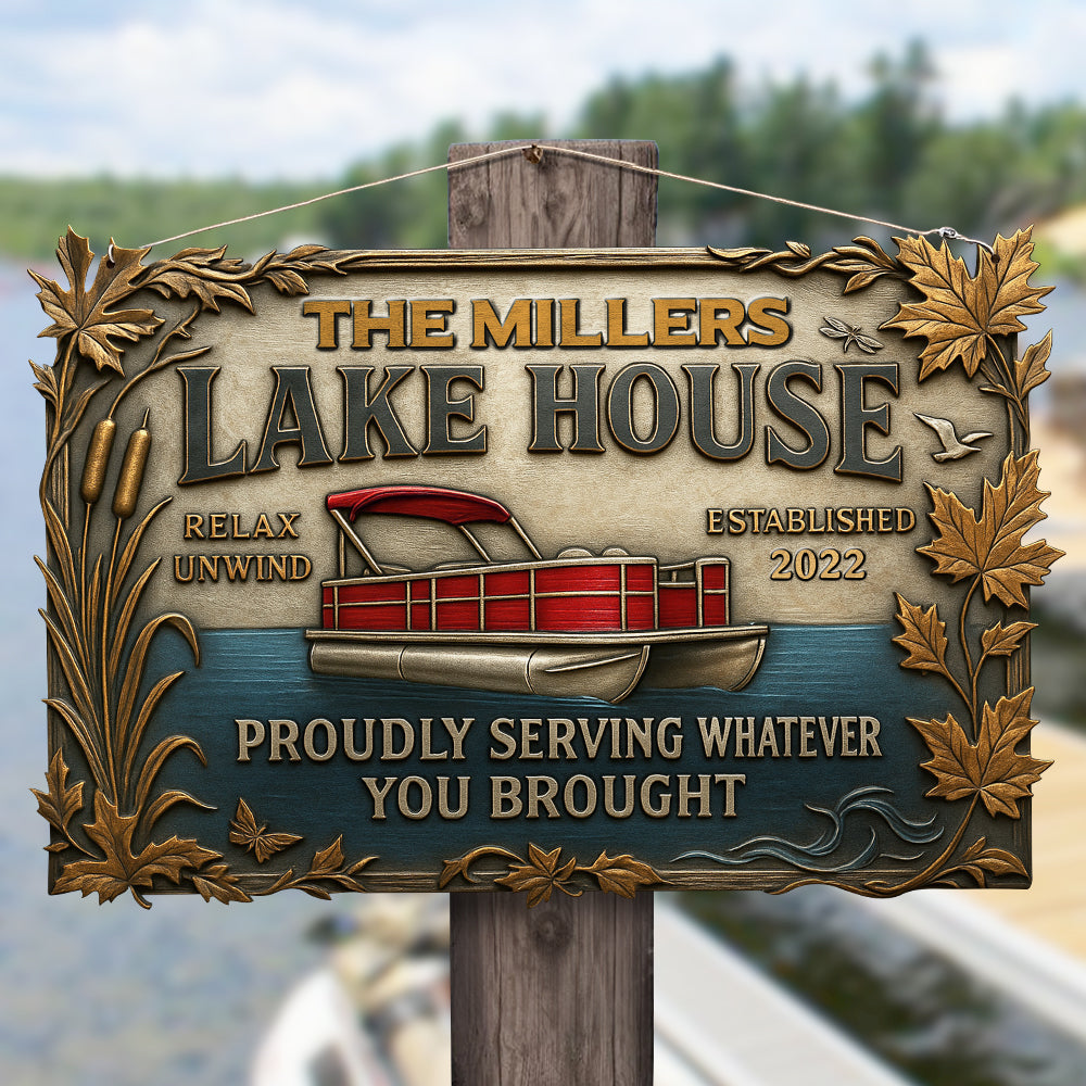 "Relax and Unwind at Your Lake House" - Personalized Metal Sign for Pontoon Lovers - Unique Gift for Boat Enthusiasts, Homeowners, and Nature Lovers Metal Signs PopCulturePrints