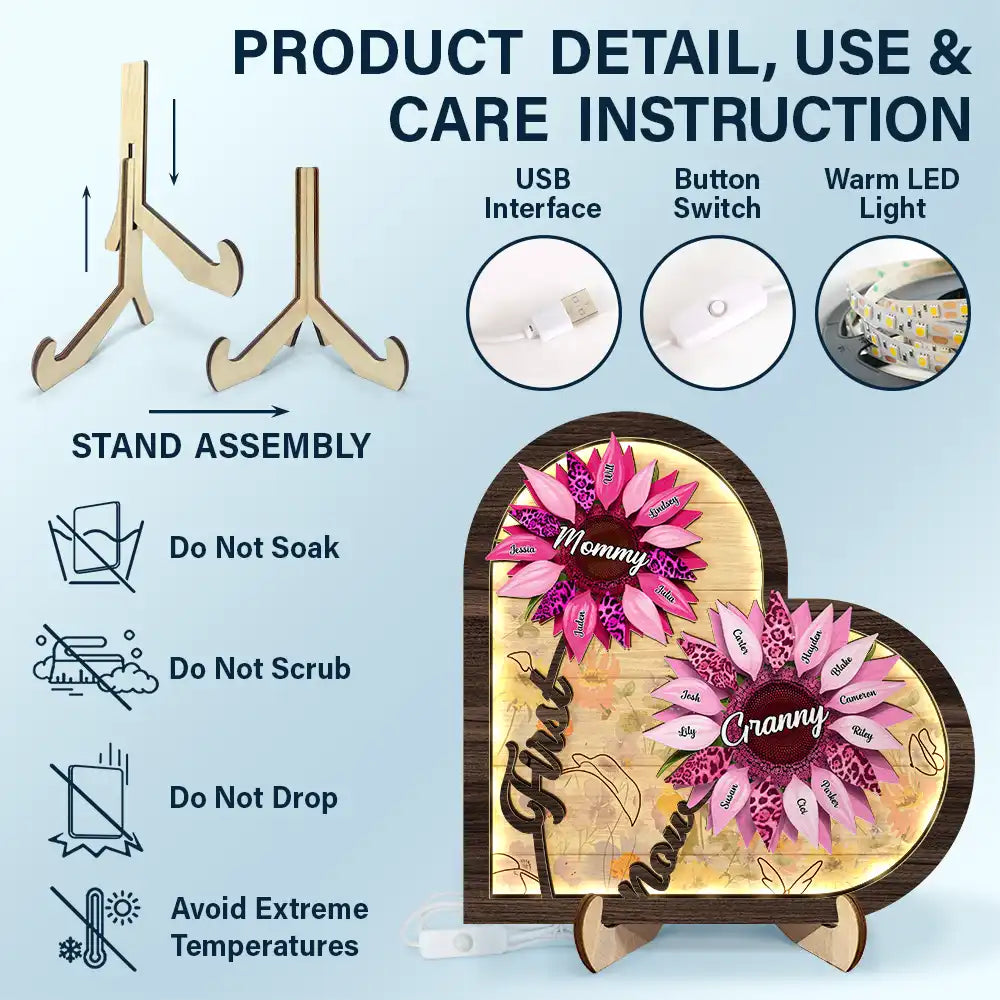 Sunflower First Mom Now Grandma - Personalized LED Light Wooden Plaque LED Light Wooden Plaque PopCulturePrints