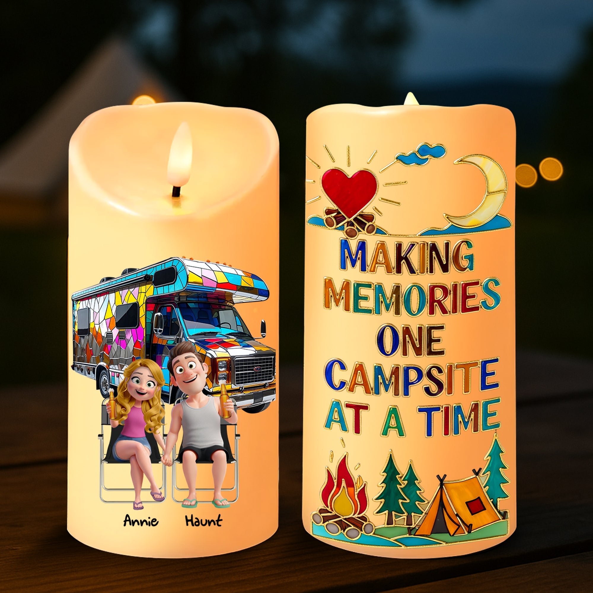 "Making Memories Together" - Camping Couple On Wheels LED Candle - Personalized Gifts for Couples Led Candle PopCulturePrints